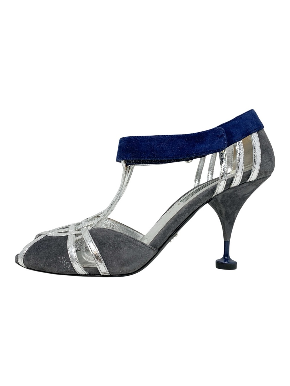 Prada SS16 Gray Silver Blue Suede T-Strap Heels Sandals 40.5